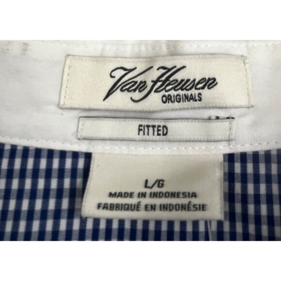Van Heusen Shirt Men Large Blue Gingham Check Fitted Long Sleeve Button Down Top - Picture 3 of 11